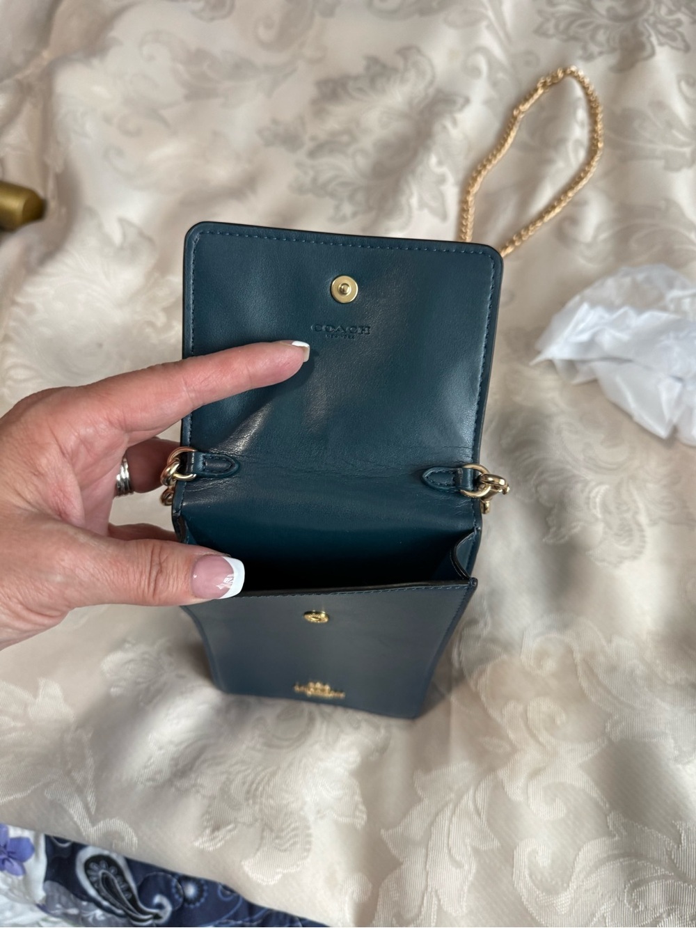 Coach Teal Leather Phone Crossbody Bag | Gold Chain Strap Fits 16Pro Max - Picture 7 of 12